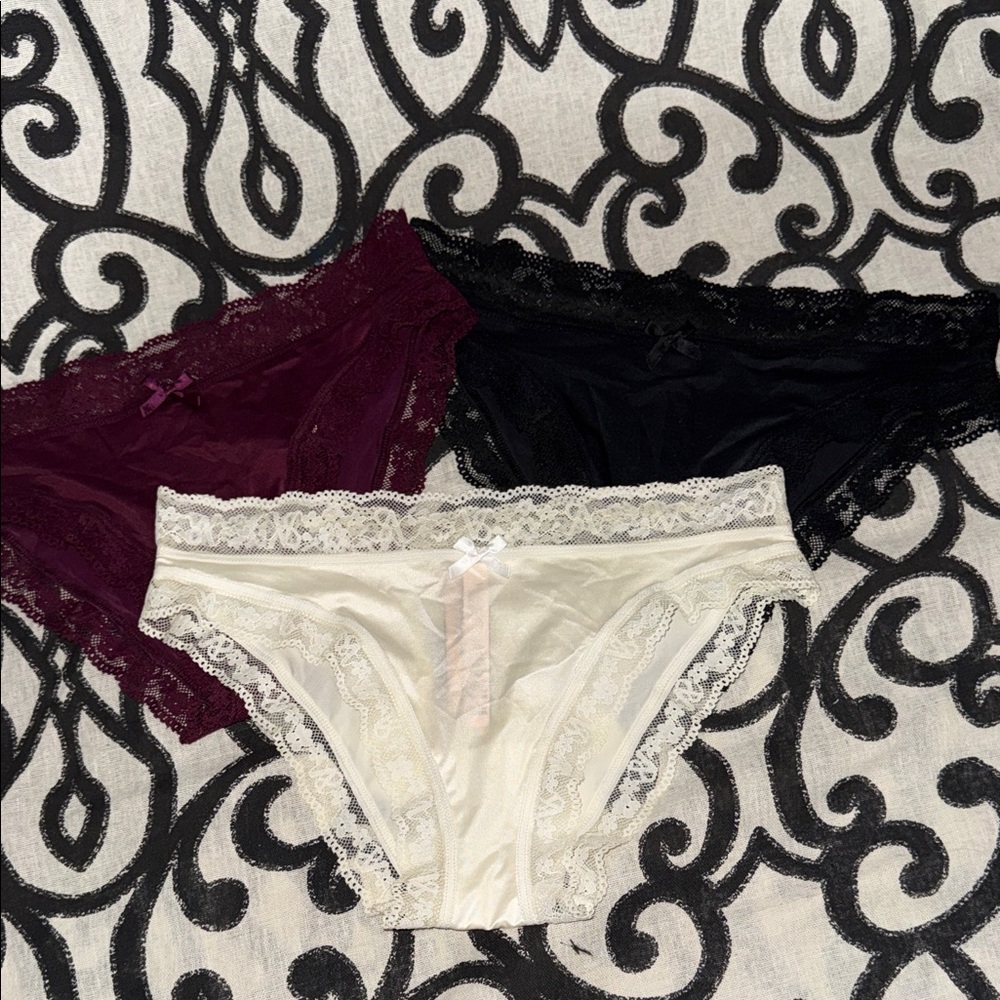 NWT Small Victoria's Secret Silky/Satiny With Lace Trim Bikini Panties. Set of 3